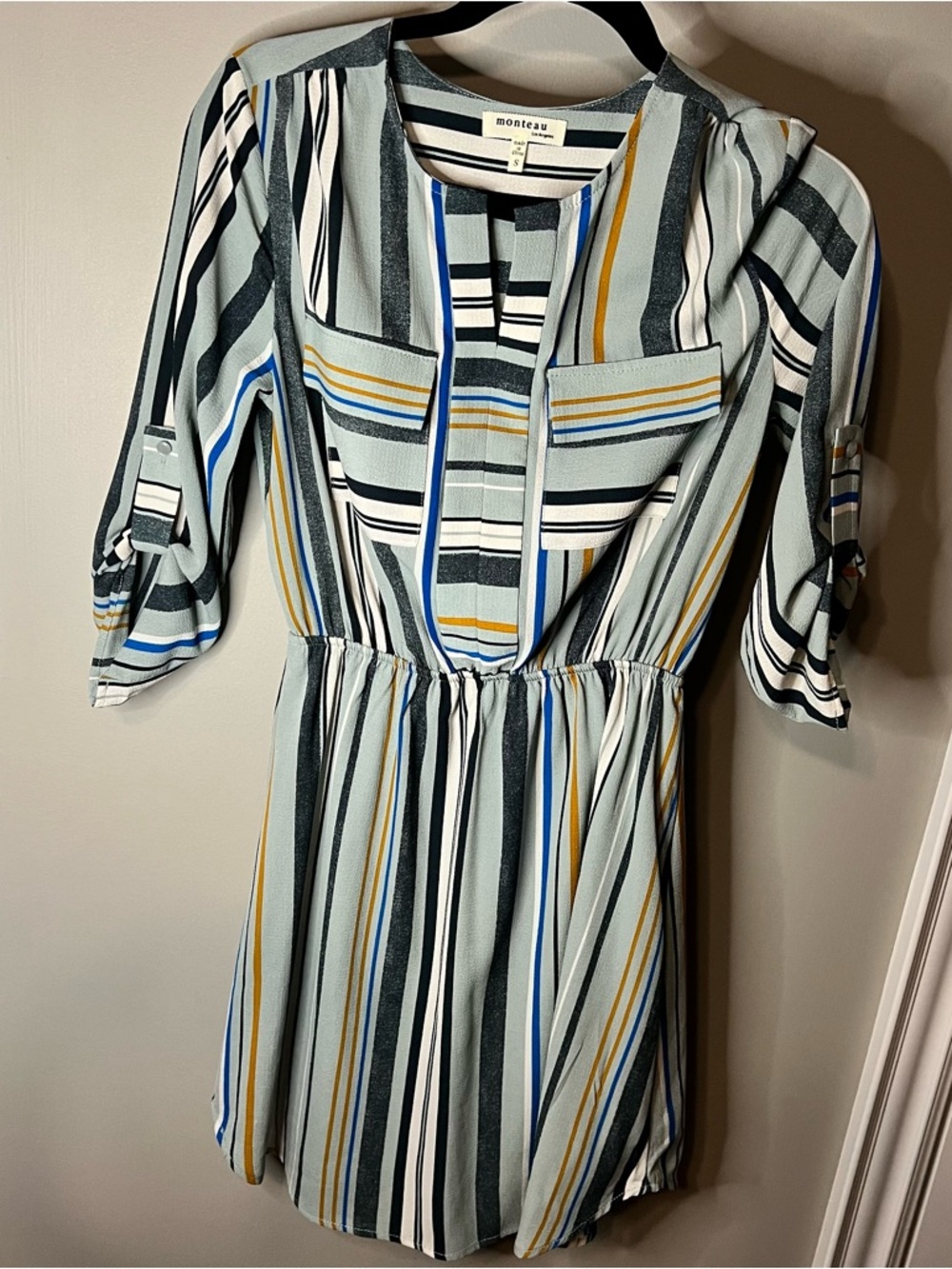 Monteau Mint, Navy & Mustard Striped Mini Dress